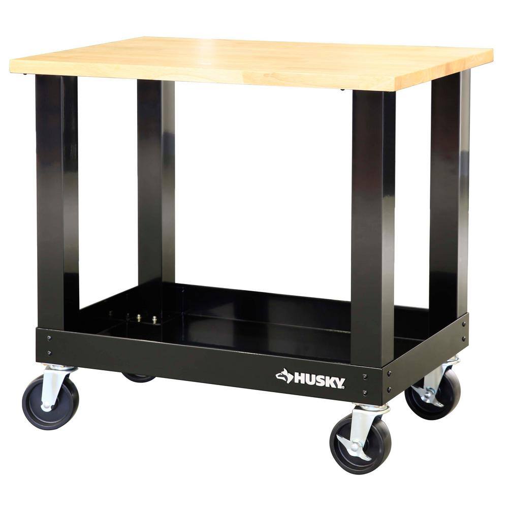 Husky G3600S-US 3 ft. Portable Solid Wood Top Workbench with Casters in Black