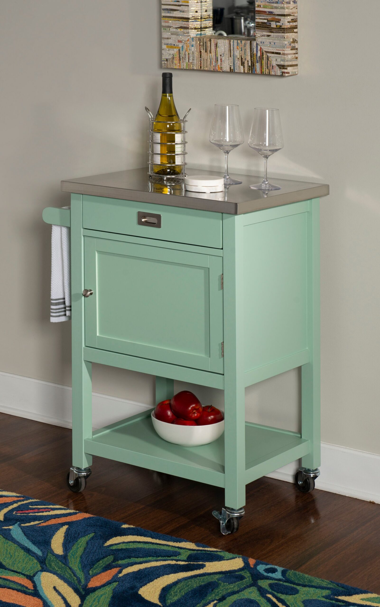 Linon Green Wood Base with Stainless Steel Metal Top Rolling Kitchen Cart (22-in x 18-in x 36-in)