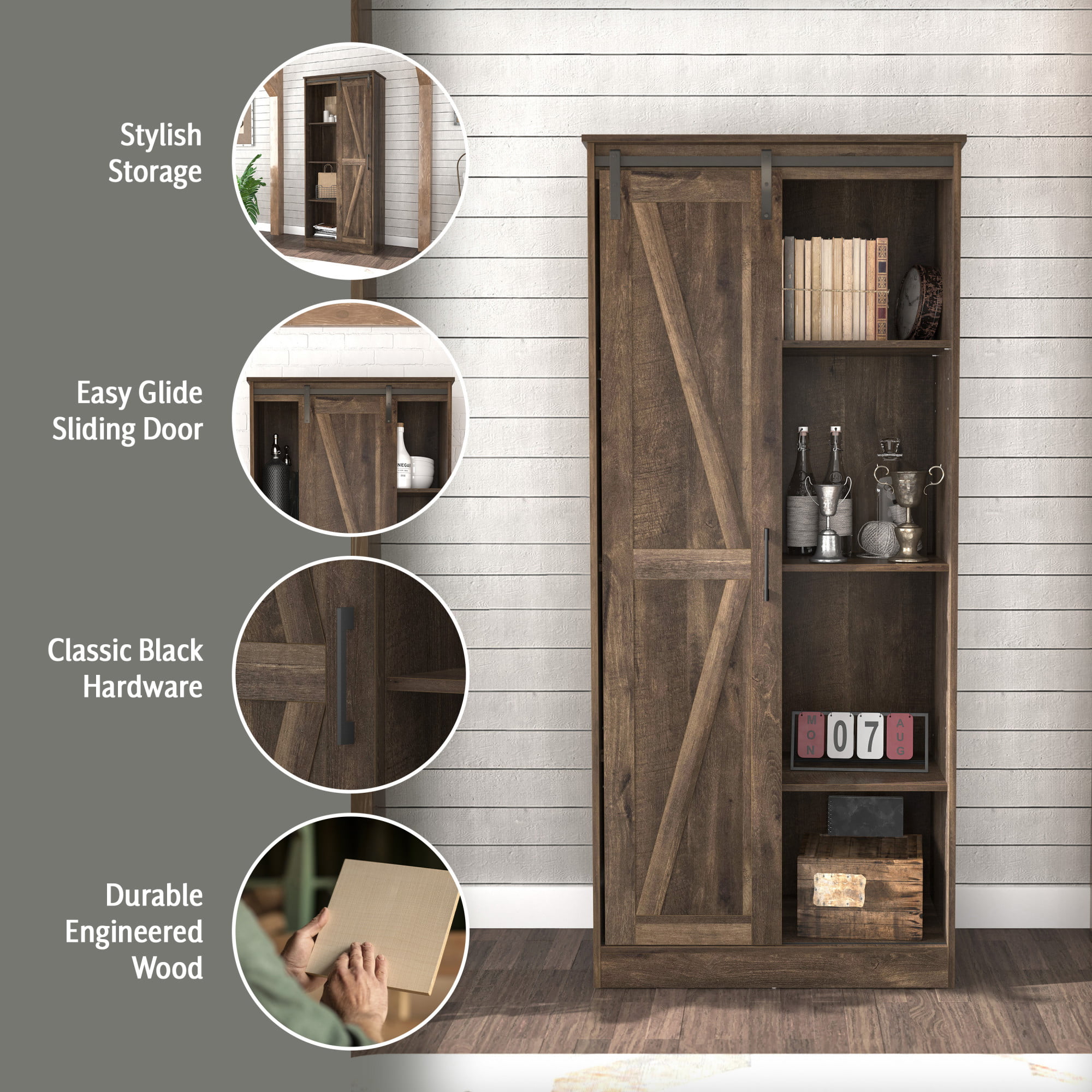 Woven Paths Shelton Wood Kitchen Pantry with 1 Sliding Barn Door. Dusty Oak