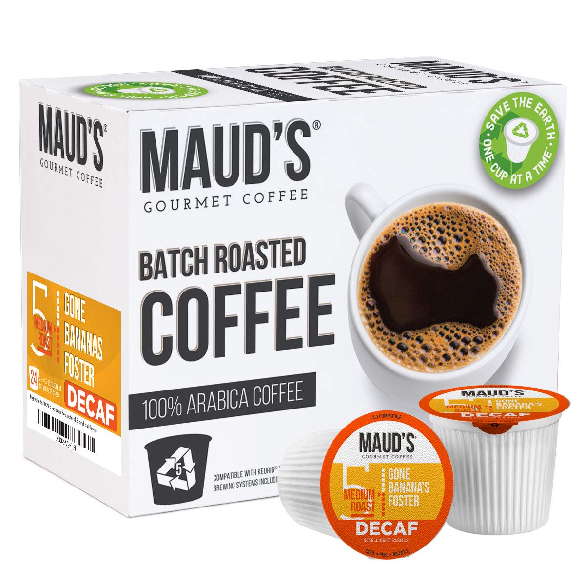 Maud-s Decaf Banana Foster Coffee (Gone Banana-s Foster). 24ct. Solar Energy Produced Recyclable Single Serve Banana Foster Decaf Coffee Pods – 100% Arabica Coffee California Roasted. KCup Compatible