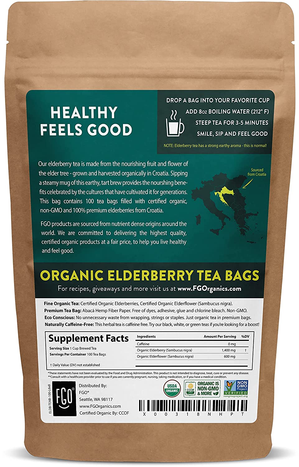 FGO Organic Elderberry Tea Bags 100 Tea Bags Eco-Conscious Tea Bags in Kraft Bag