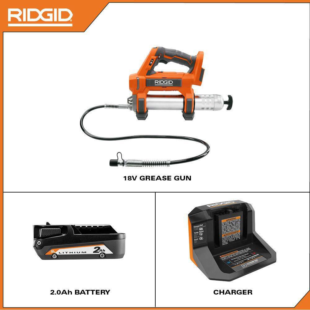 RIDGID R860445KN 18V Cordless Grease Gun Kit with (1) 2.0 Ah Battery and Charger