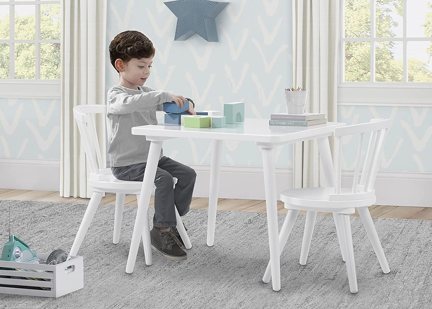 Delta Children Windsor Kids Wood Table Chair Set (2 Chairs Included) - Ideal for Arts & Crafts. Snack Time. Homeschooling. Homework & More. Bianca White