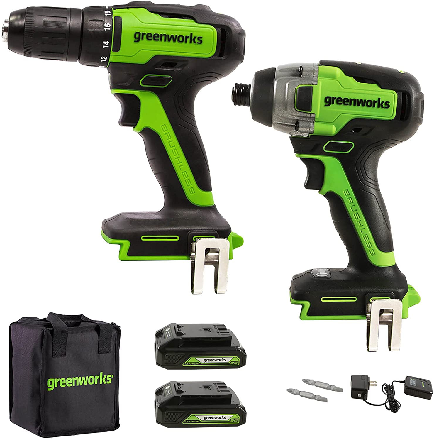 Greenworks 24V Brushless  Drill/Driver + Impact/Driver Combo Kit. (2) USB (Power Bank) Batteries. Charger. (2) Driving Bits. & Tool Bag. 1307502AZ