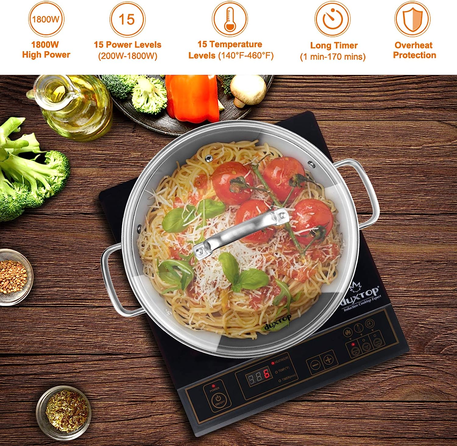Duxtop 1800W Portable Induction Cooktop. Countertop Burner Included 5.7 Quarts Professional Stainless Steel Cooking Pot with Lid. Heavy Impact-bonded Bottom