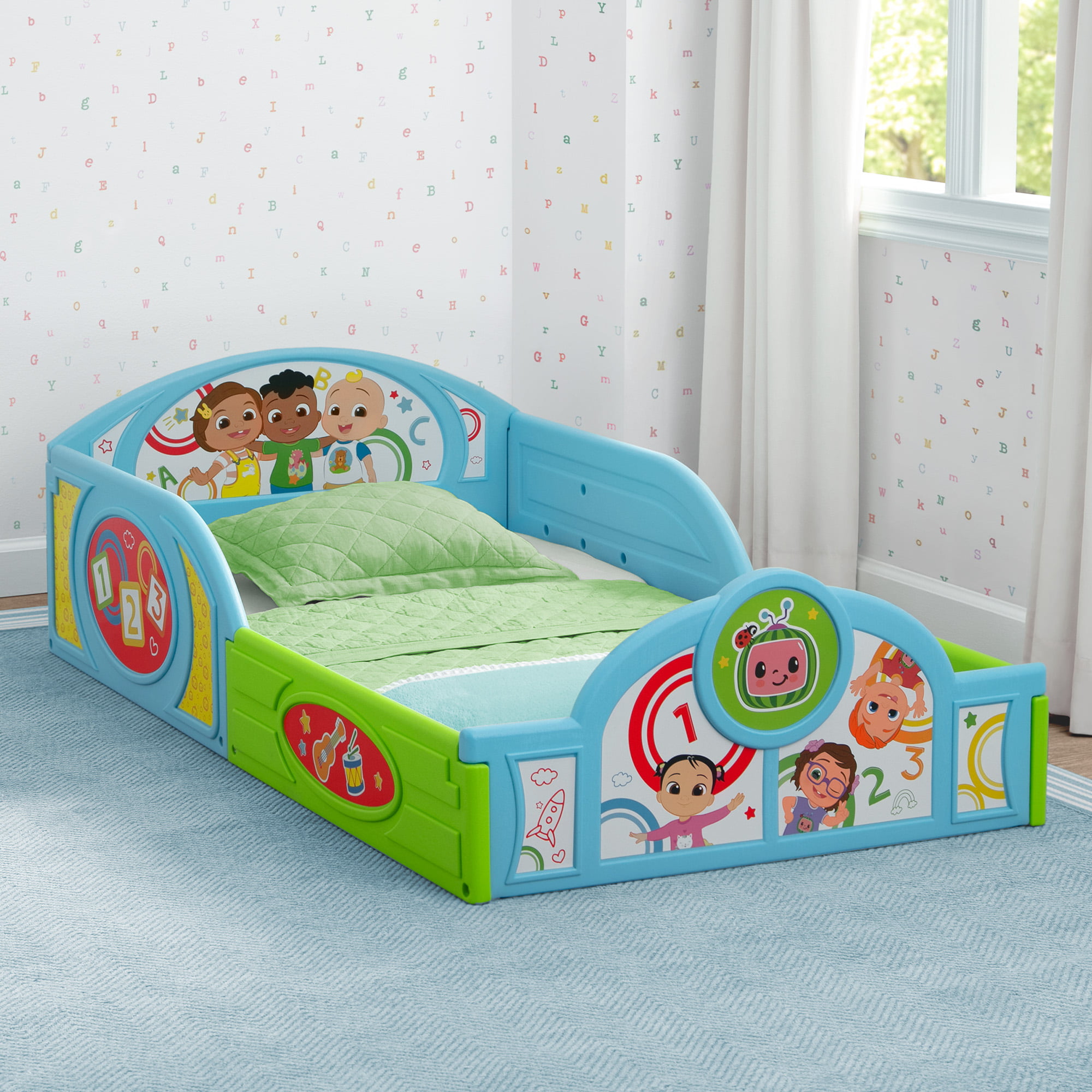 CoComelon Sleep and Play Toddler Bed with Built-In Guardrails by Delta Children. Blue/Multi
