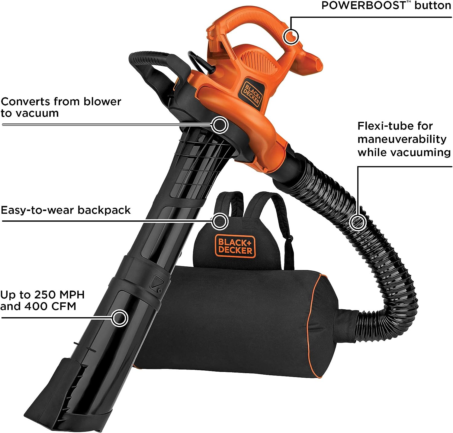 BLACK+DECKER Electric Leaf Blower. Leaf Vacuum and Mulcher 3 in 1. 250 mph Airflow. 400 cfm Delivery Power. Reusable Bag Included. Corded (BEBL7000)