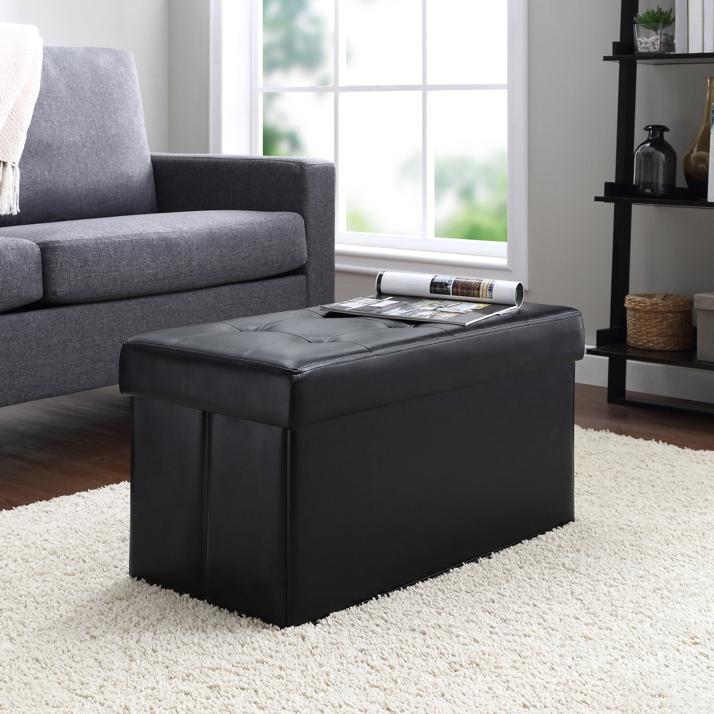 Mainstays Collapsible Storage Ottoman. Quilted Black Faux Leather