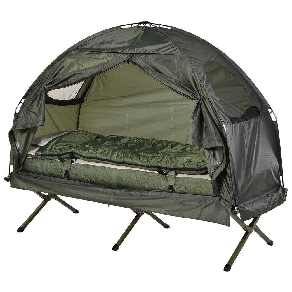 Outsunny B2-0006 Portable Camping Cot Tent with Comfortable Air Mattress. Warm and Cozy Sleeping Bag. and a Supportive Pillow