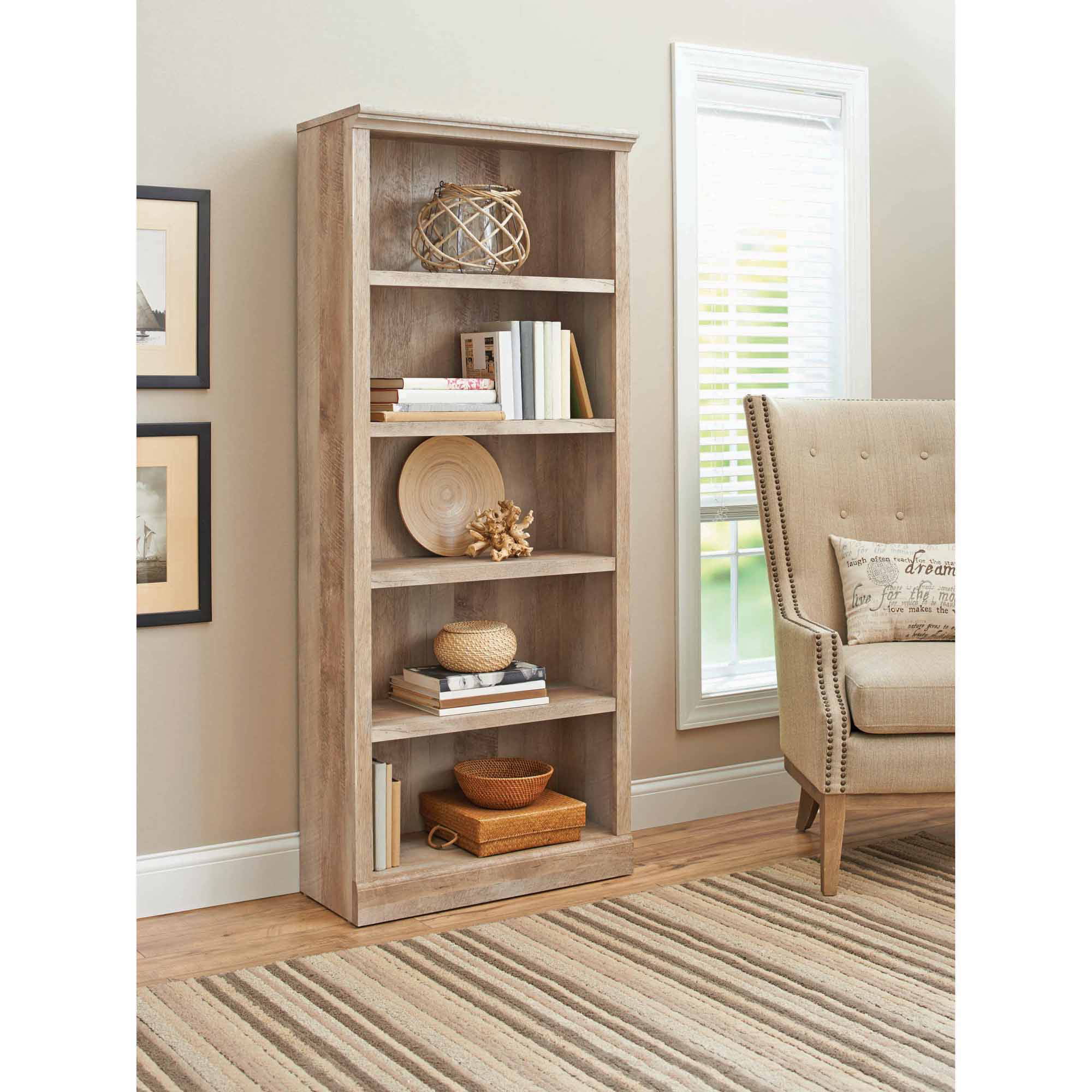 Better Homes & Gardens 71″ Crossmill 5-Shelf Bookcase. Weathered Finish