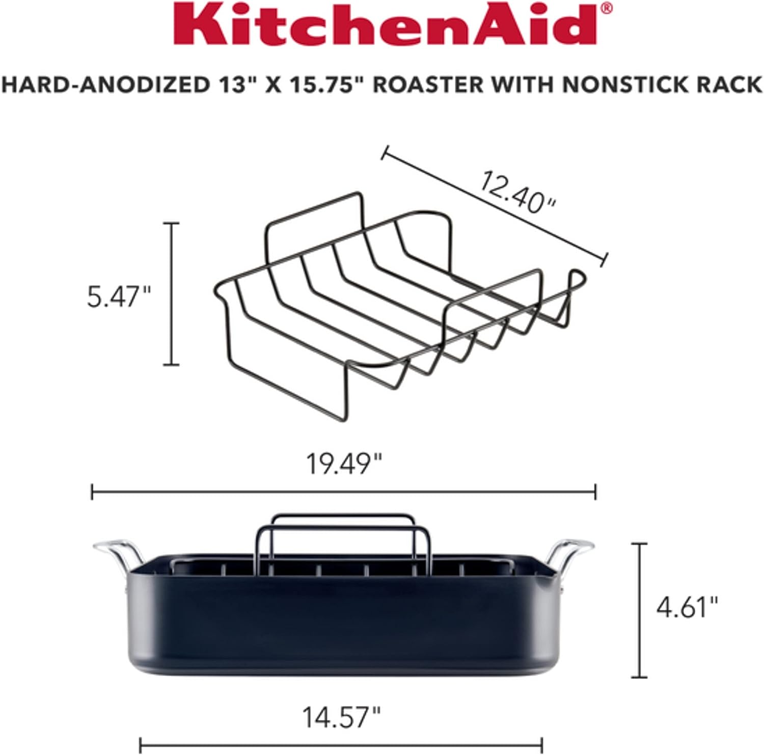 KitchenAid Hard Anodized Roasting Pan/Roaster with Removable Rack. 13 Inch x 15.75 Inch. Matte Black