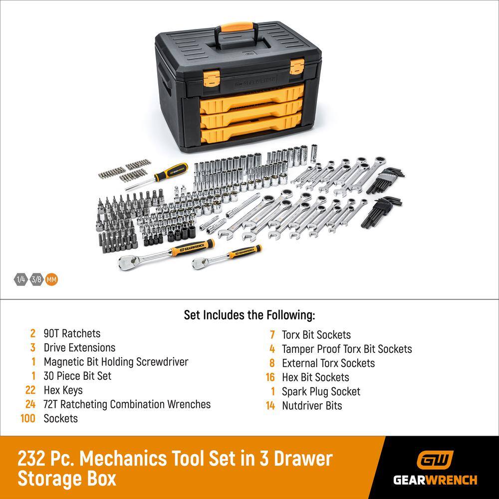 GEARWRENCH 1006137127 1/4 in. and 3/8 in. Drive 90-Tooth Standard and Deep SAE/Metric Mechanics Tool Set in 3-Drawer Storage Box (232-Piece)
