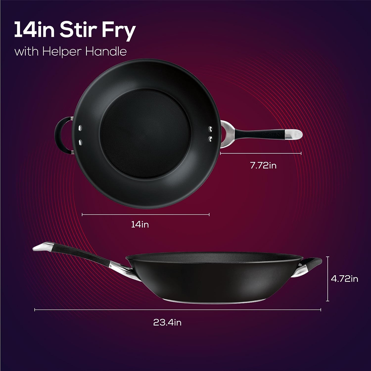 Circulon Symmetry Hard Anodized Nonstick Stir Fry / Wok Pan with Helper Handle - 14 Inch. Black