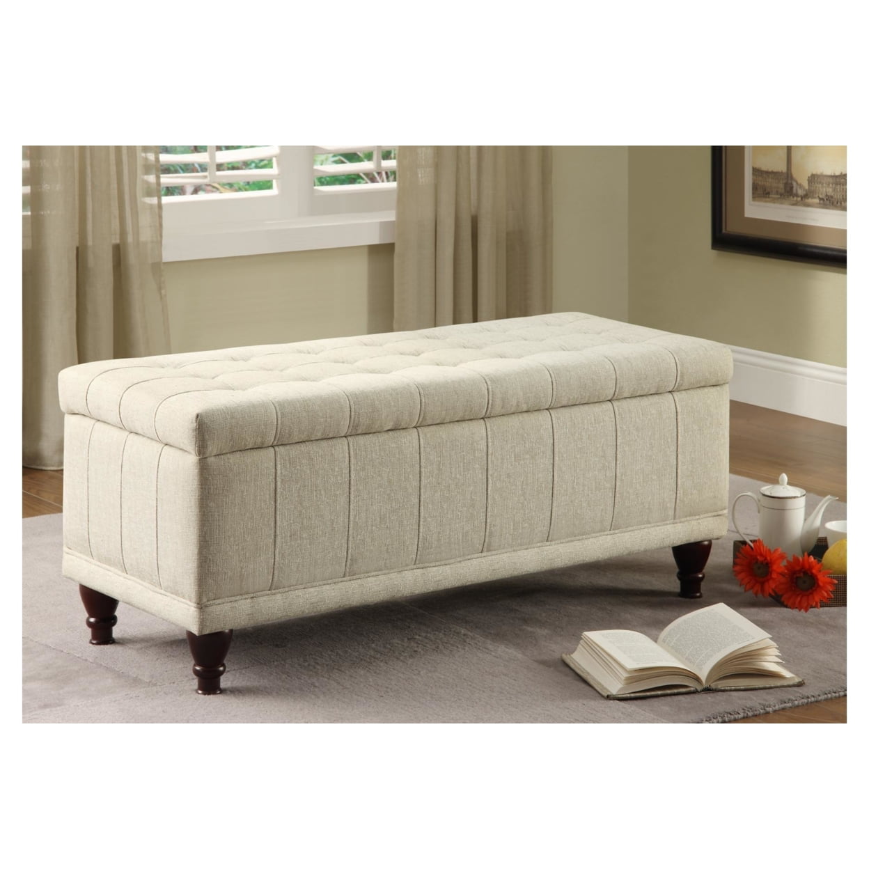 Saltoro Sherpi Fabric Lift-Up Storage Bench With a Tufted Seat. Cream