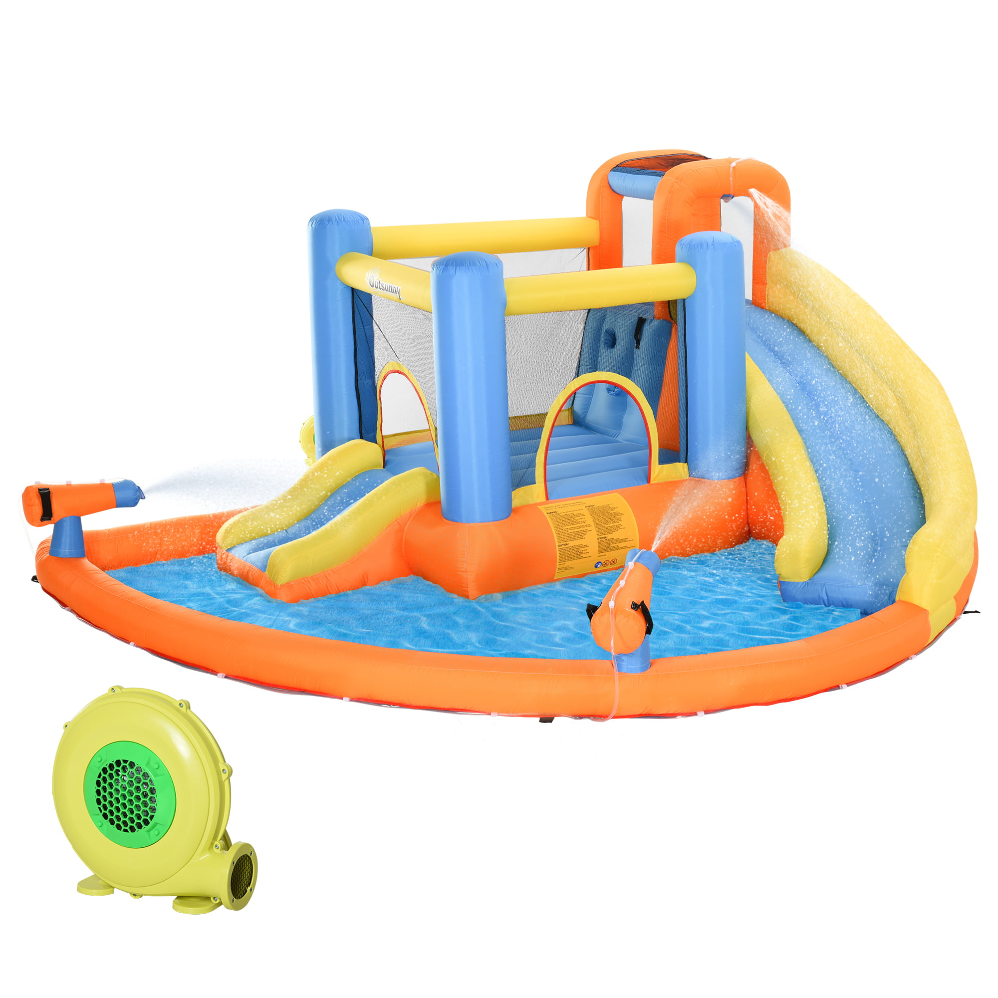 Outsunny Kids Inflatable Water Slide 5-in-1 Bounce House Water Park Jumping Castle with Water Pool. Slide. Climbing Walls. & 2 Water Cannons. 450W Air Blower