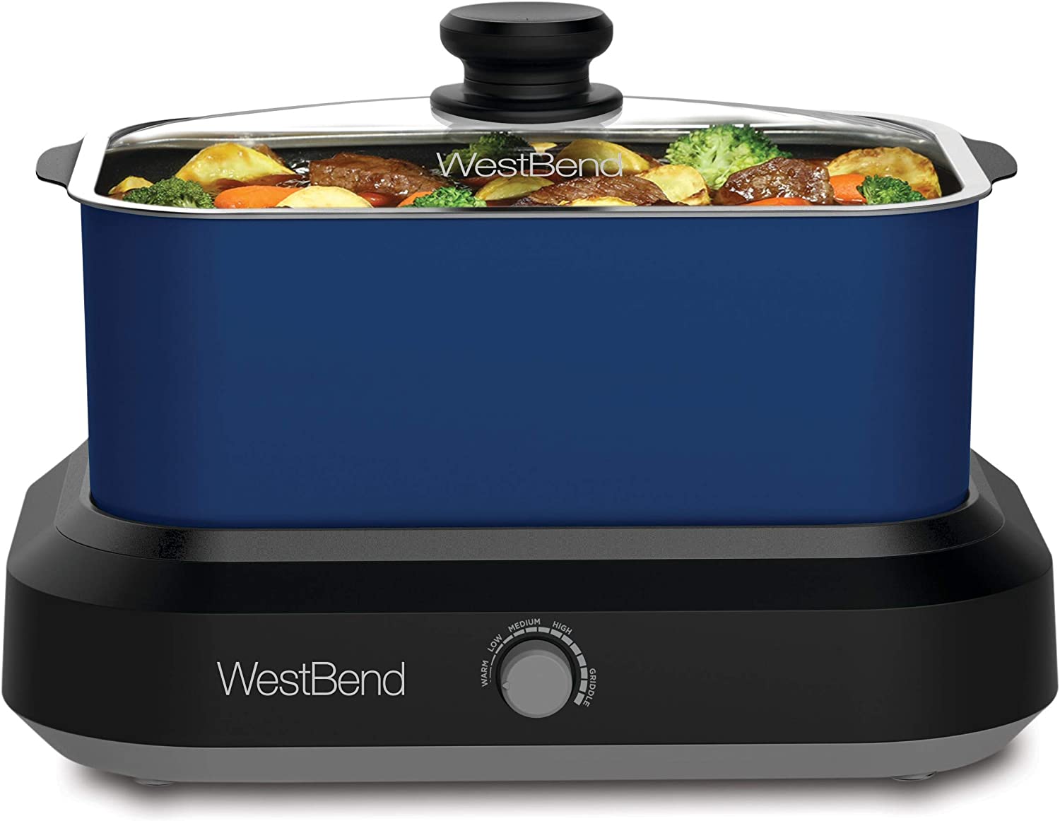West Bend 87905B Slow Cooker Large Capacity Non-stick Variable Temperature Control Includes Travel Lid and Thermal Carrying Case. 5-Quart. Blue