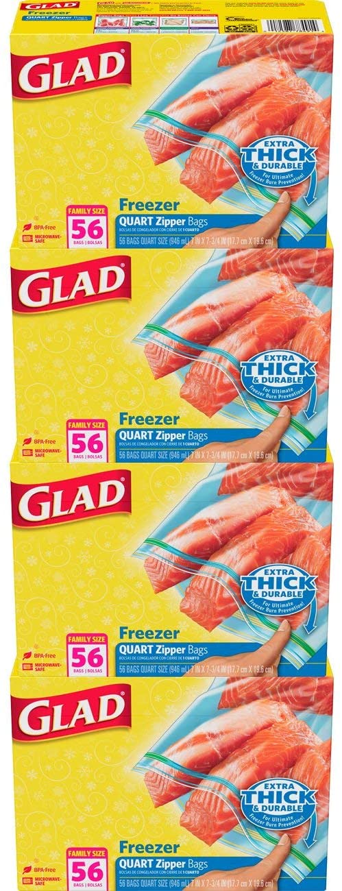Glad Zipper Food Storage Freezer Bags - Quart Size - 56 Count Each 4 Pack