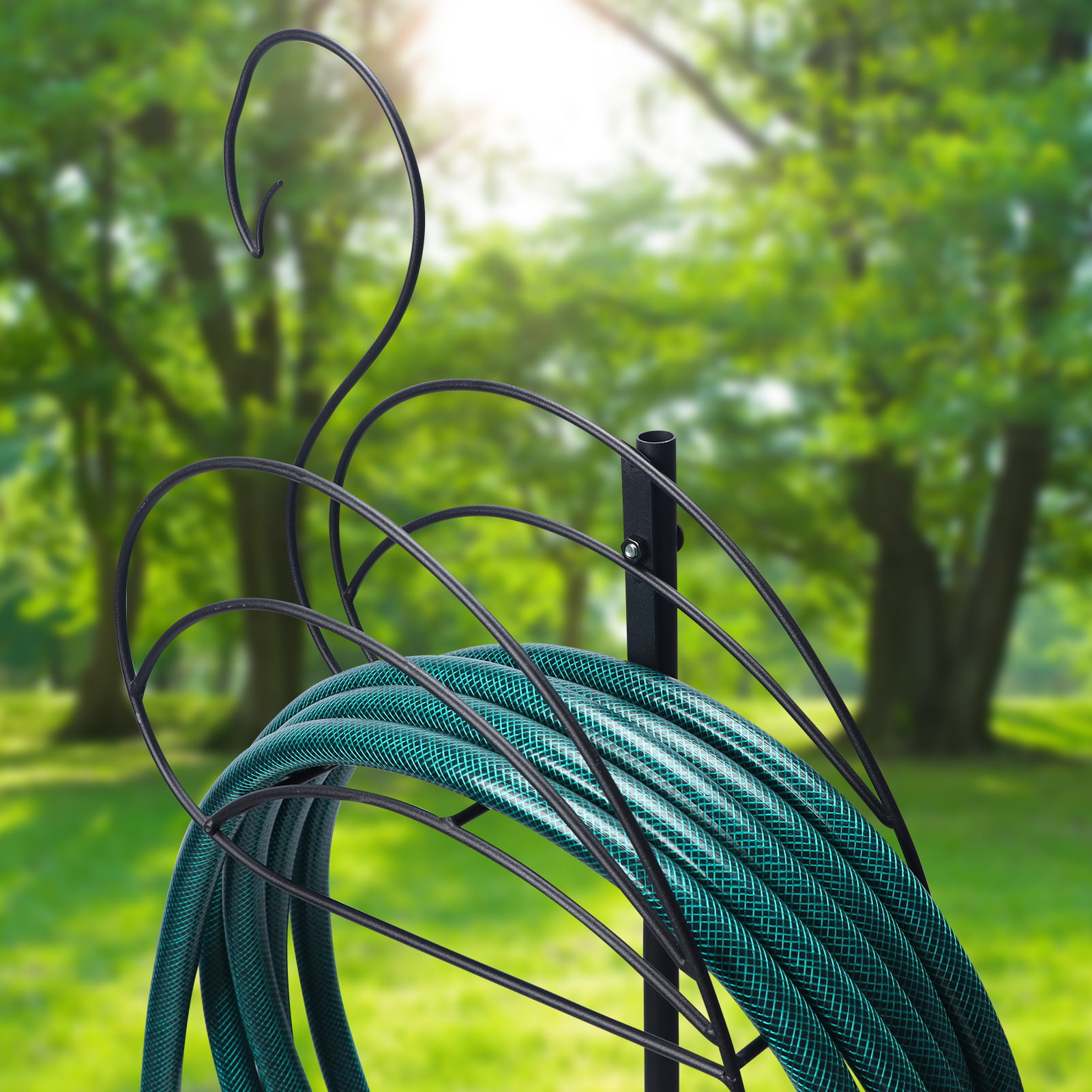 Garden Hose Holder with 2 Spikes Set. Freestanding Holder for 26lb Water Hose Outside Yard Lawn. Black