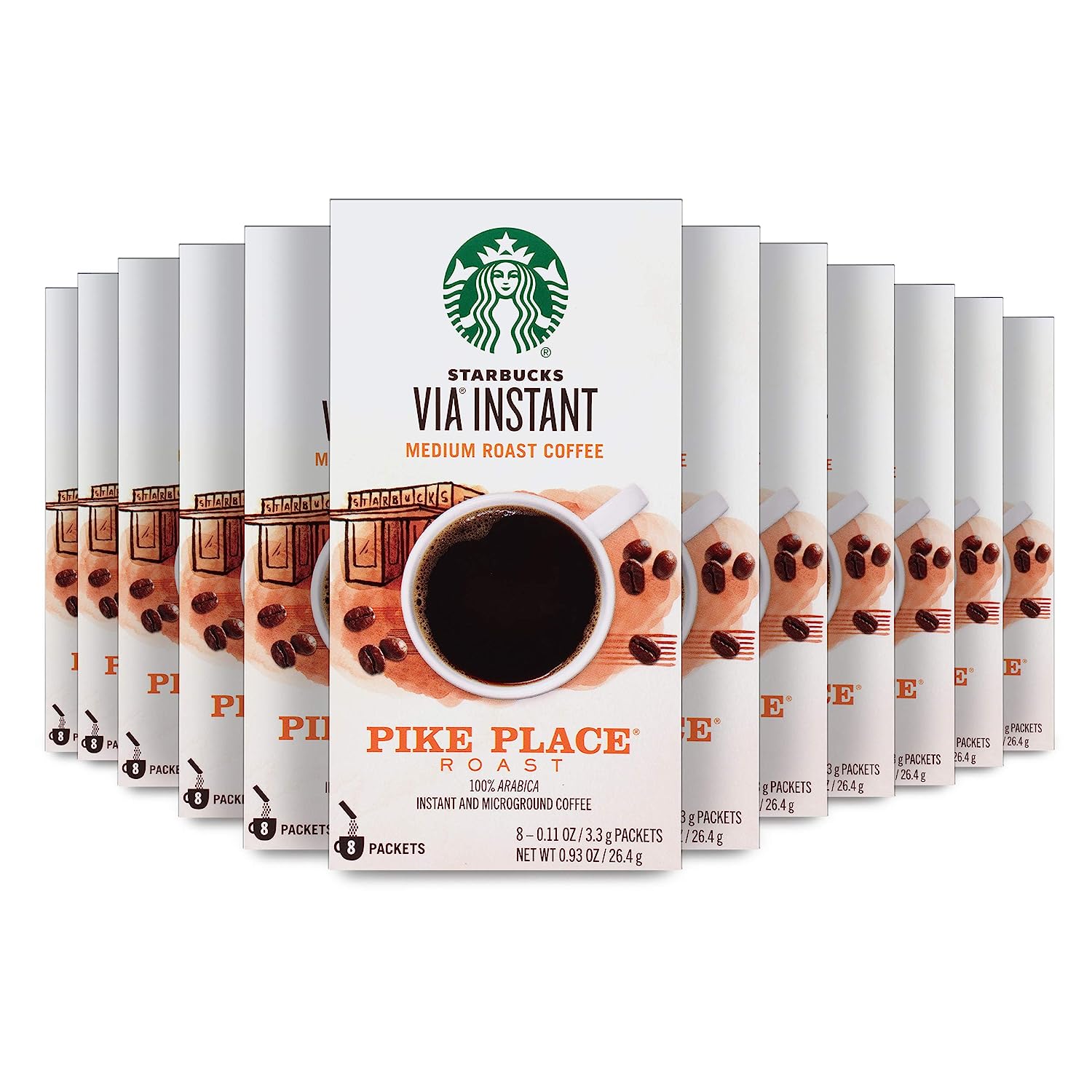 Starbucks VIA Instant Coffee Medium Roast Packets — Pike Place Roast — 100% Arabica - 8 Count (Pack of 12)