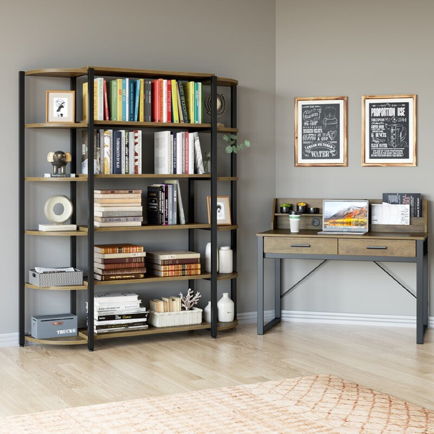 Homfa Book Shelves and Bookcase. 6 Shelves Standing Bookshelf. Wood Triple Wide Etagere for Home Office. Rustic Brown