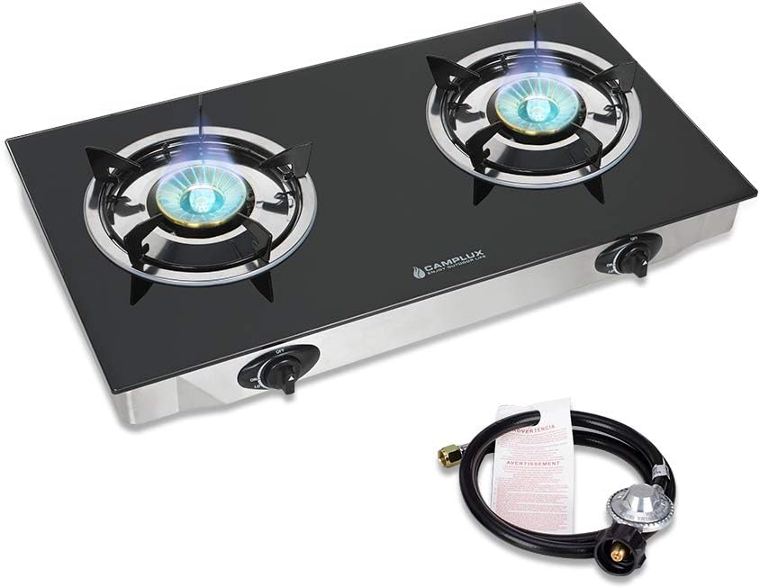Camplux Propane Gas Cooktop Tempered Glass Double Burners Stove Auto Ignition LPG
