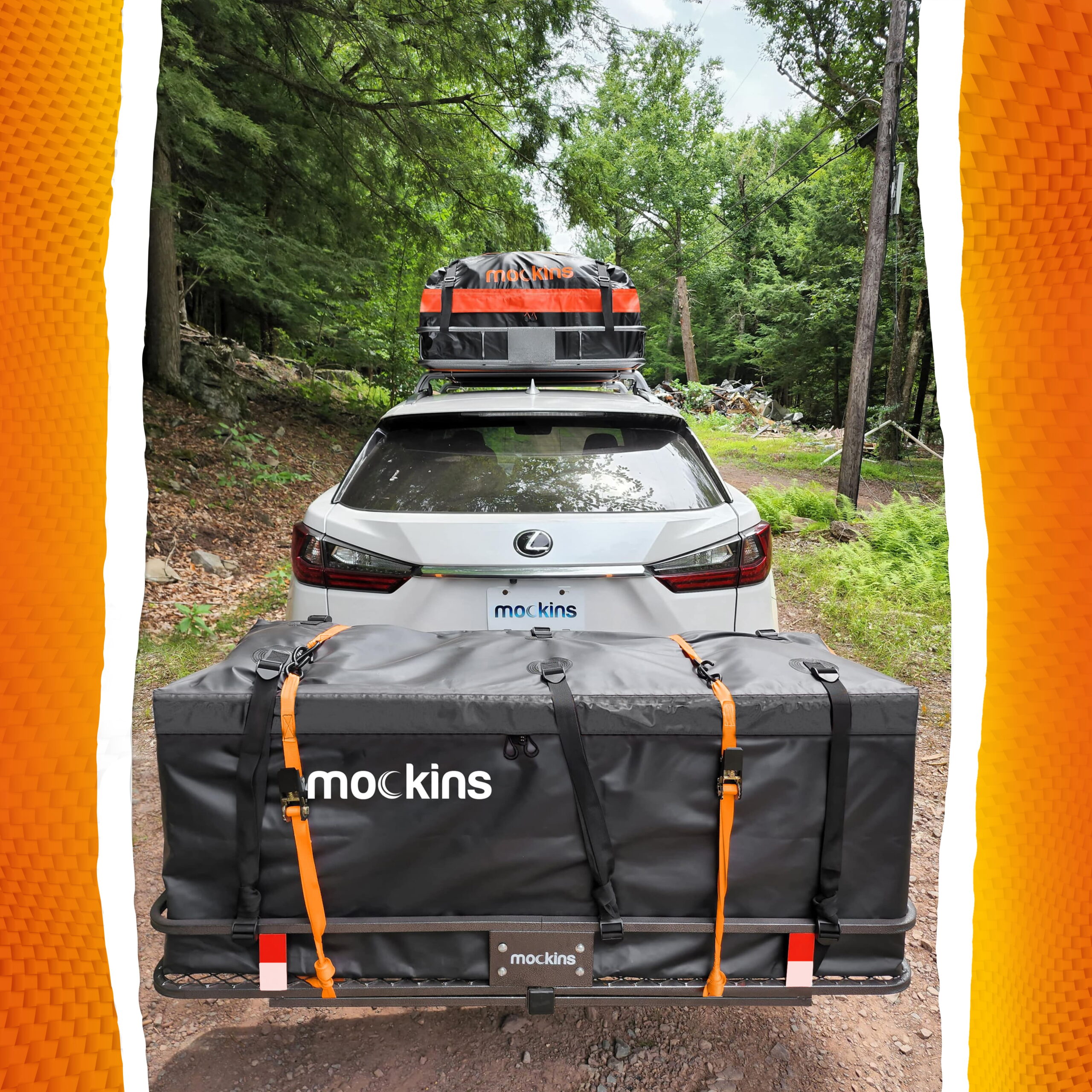 Mockins Car Hitch Cargo Carrier - 500 lbs. Cargo Basket Capacity. 16 CF Cargo Bag + Accessories | 2″ Hitch Receiver