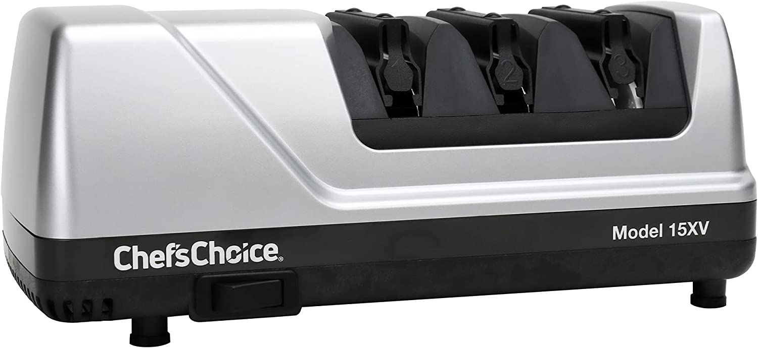 Chef'sChoice Trizor 15XV Professional Electric Knife Sharpener for Kitchen Knives with Diamond Abrasives and Precision Angle Guides. 75db. 3 Slots. Gray
