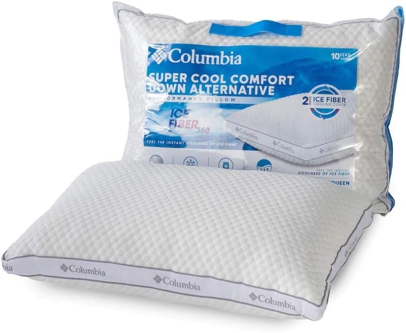 Columbia Comfort Ice Fiber Side Sleeper Down Alternative Bed Pillow - Instant Cooling 2 Sided Ice Fiber Cover - Supportive and Cozy Polyester Fiber Fill - Side Sleeper. Standard/Queen