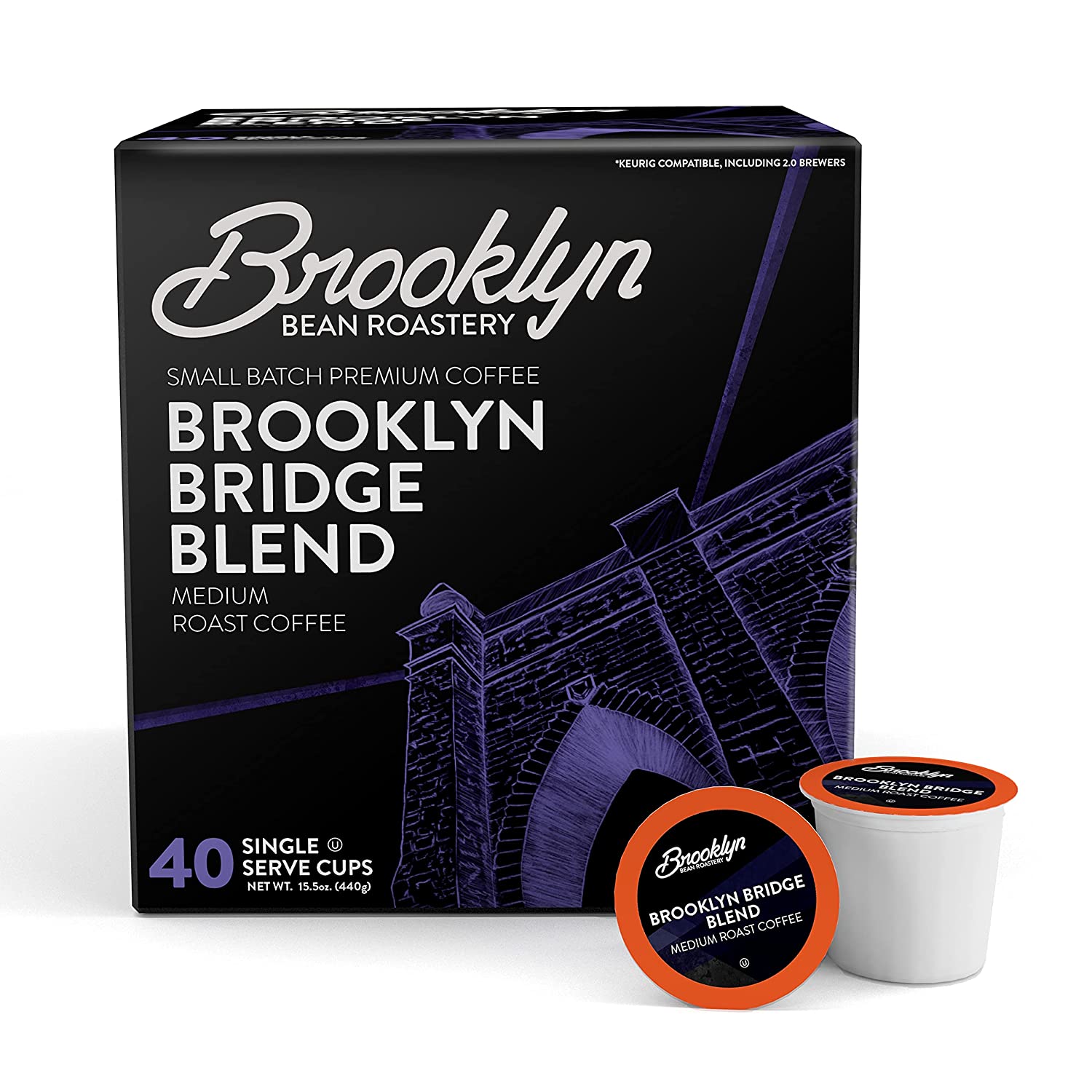 Brooklyn Beans Brooklyn Bridge Blend Gourmet Coffee. Compatible with 2.0 Keurig K Cup Brewers. 40 Count