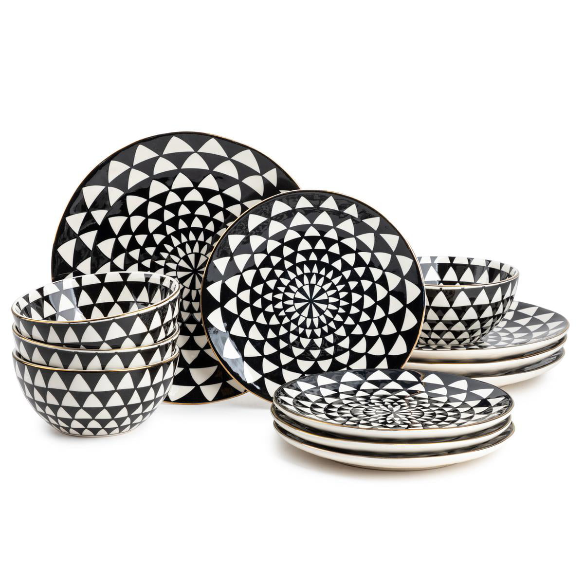 Thyme & Table Dinnerware Black & White Medallion Stoneware. 12 Piece Set