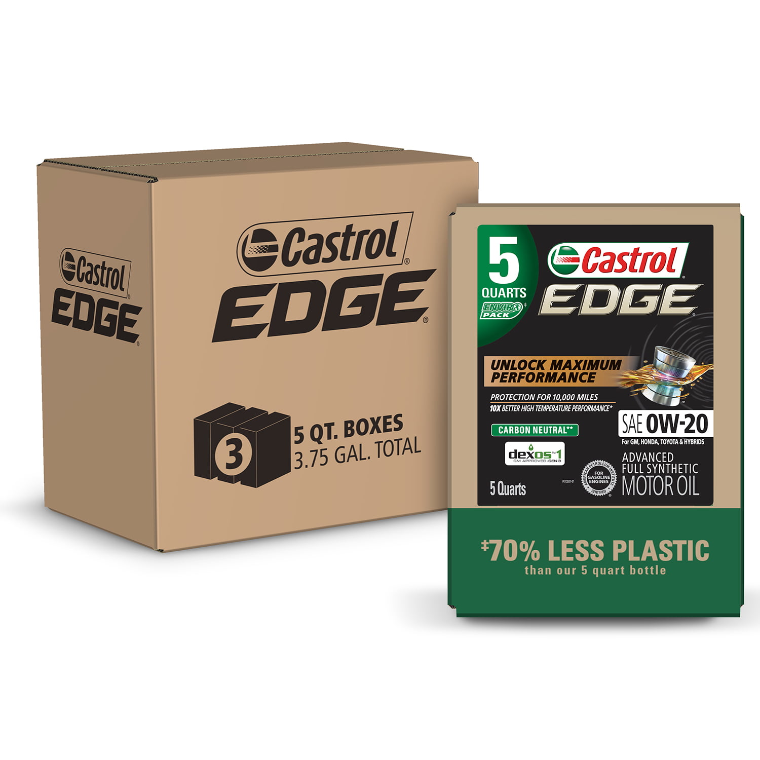 Castrol Edge 0W-20 Advanced Full Synthetic Motor Oil. 5 Quarts Eco Pack. Case of 3