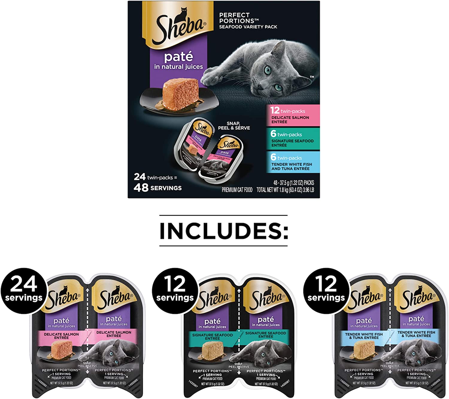 SHEBA Wet Cat Food Pate Variety Pack. Signature Seafood. Delicate Salmon and Tender Whitefish & Tuna Entrees. (24) 2.6 oz. PERFECT PORTIONS Twin-Pack Trays
