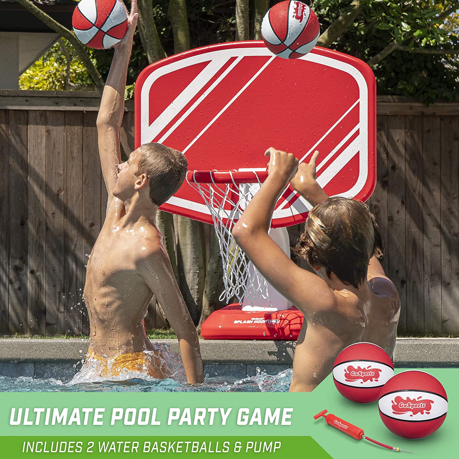 GoSports Splash Hoop Swimming Pool Basketball Game. Includes Poolside Water Basketball Hoop. 2 Balls and Pump. Red