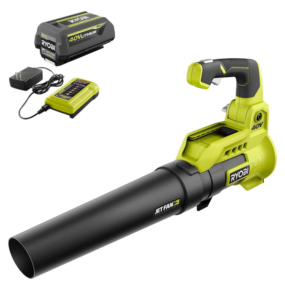RYOBI RY40480 40V 110 MPH 525 CFM Cordless Battery Variable-Speed Jet Fan Leaf Blower with 4.0 Ah Battery and Charger