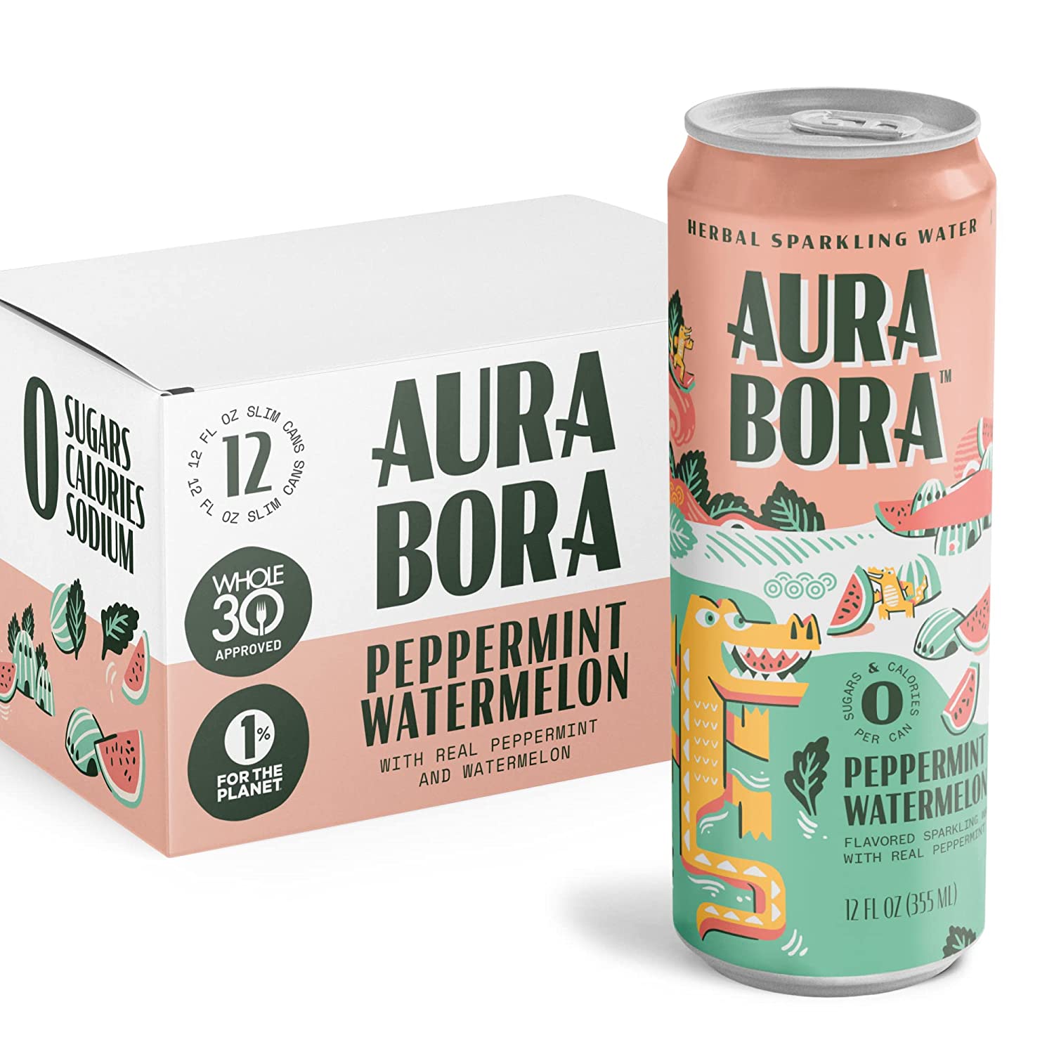 Peppermint Watermelon Herbal Sparkling Water by Aura Bora 12 oz Can (Pack of 12). 0 Calories. 0 Sugar. 0 Sodium. Non-GMO