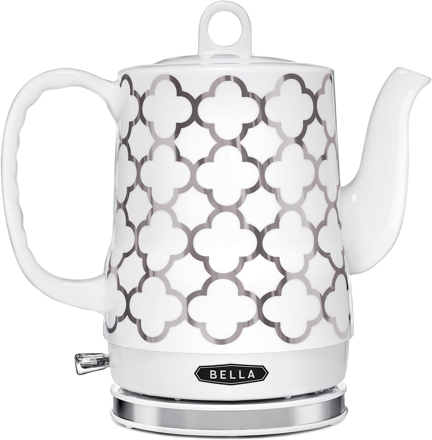 BELLA Electric Ceramic Tea Kettle. Boil Water Quickly and Easily. Detachable Swivel Base & Boil Dry Protection. Carefree Auto Shut Off. 1.2 L. Silver Tile Pattern