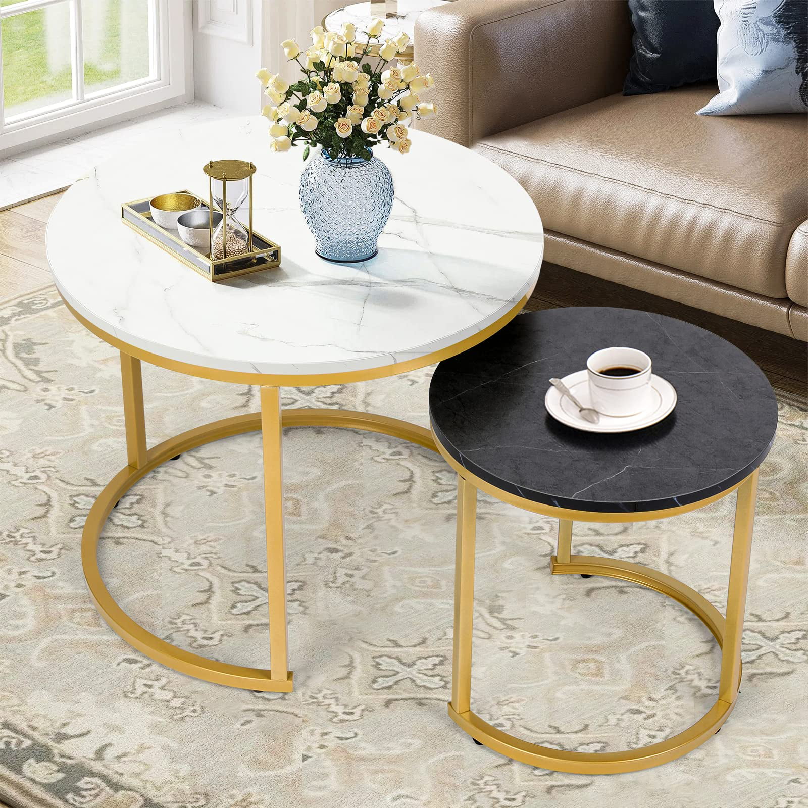 Amzdeal Coffee Tables for Living Room Small Round Coffee Table Set of 2. White+Black
