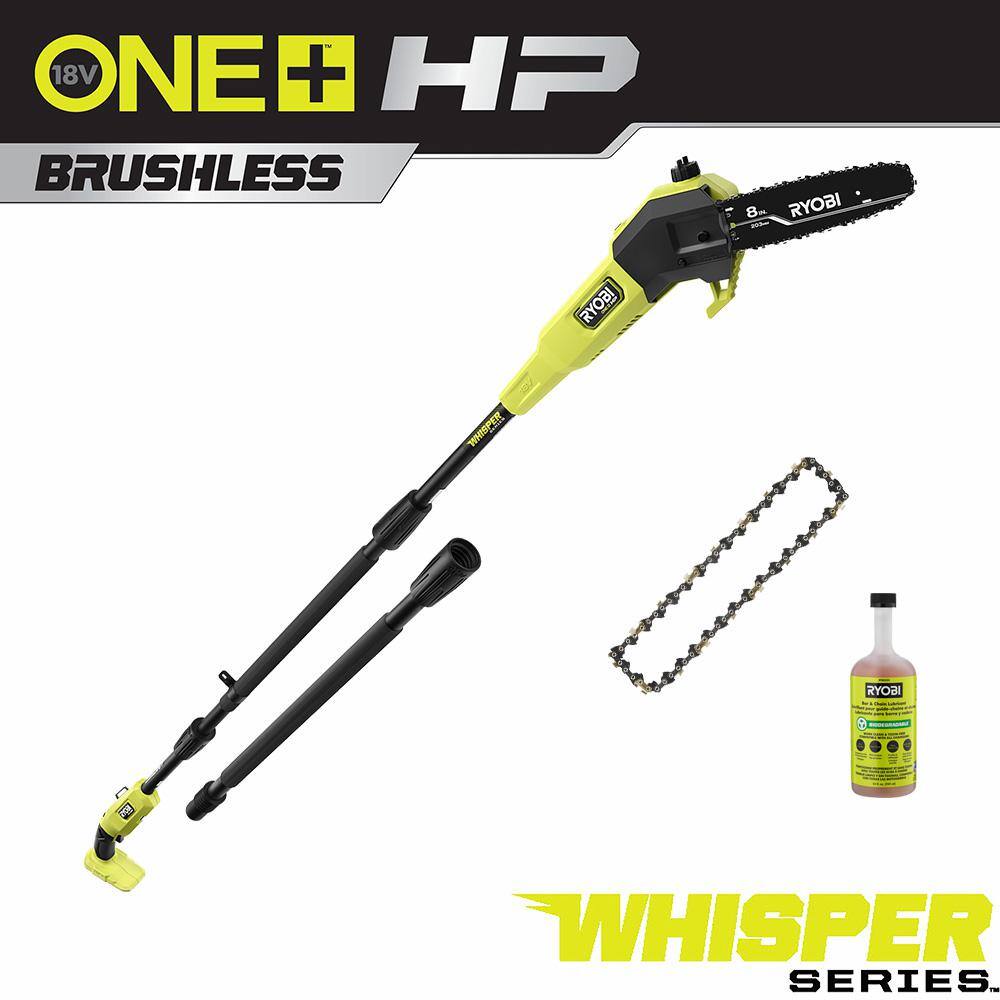 RYOBI P2508BTL-CMB1 ONE+ HP 18V Brushless Whisper Series 8 in. Cordless Battery Pole Saw (Tool Only) with Extra Chain & Bar and Chain Oil
