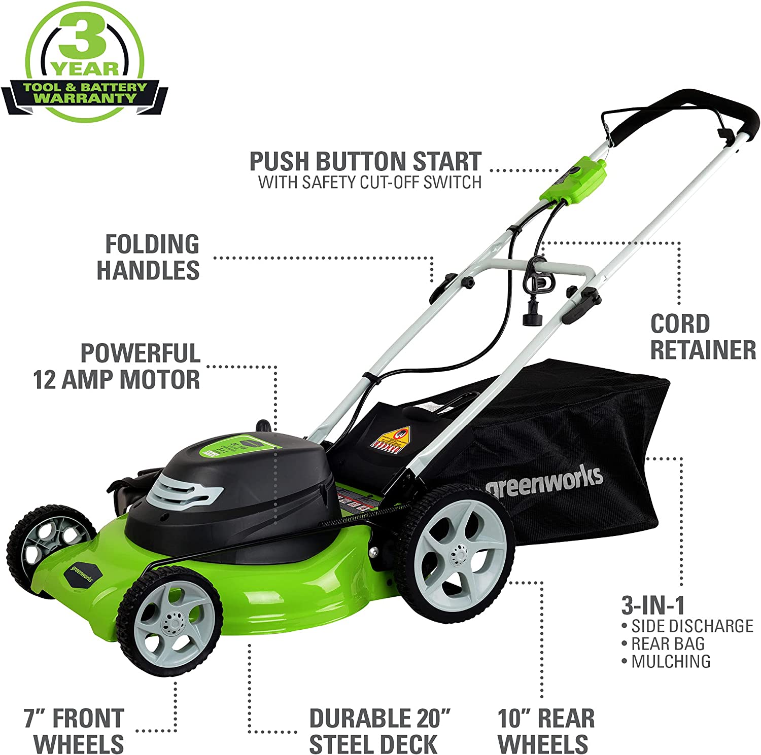 Greenworks 12 Amp 20-Inch 3-in-1Electric Corded Lawn Mower. 25022