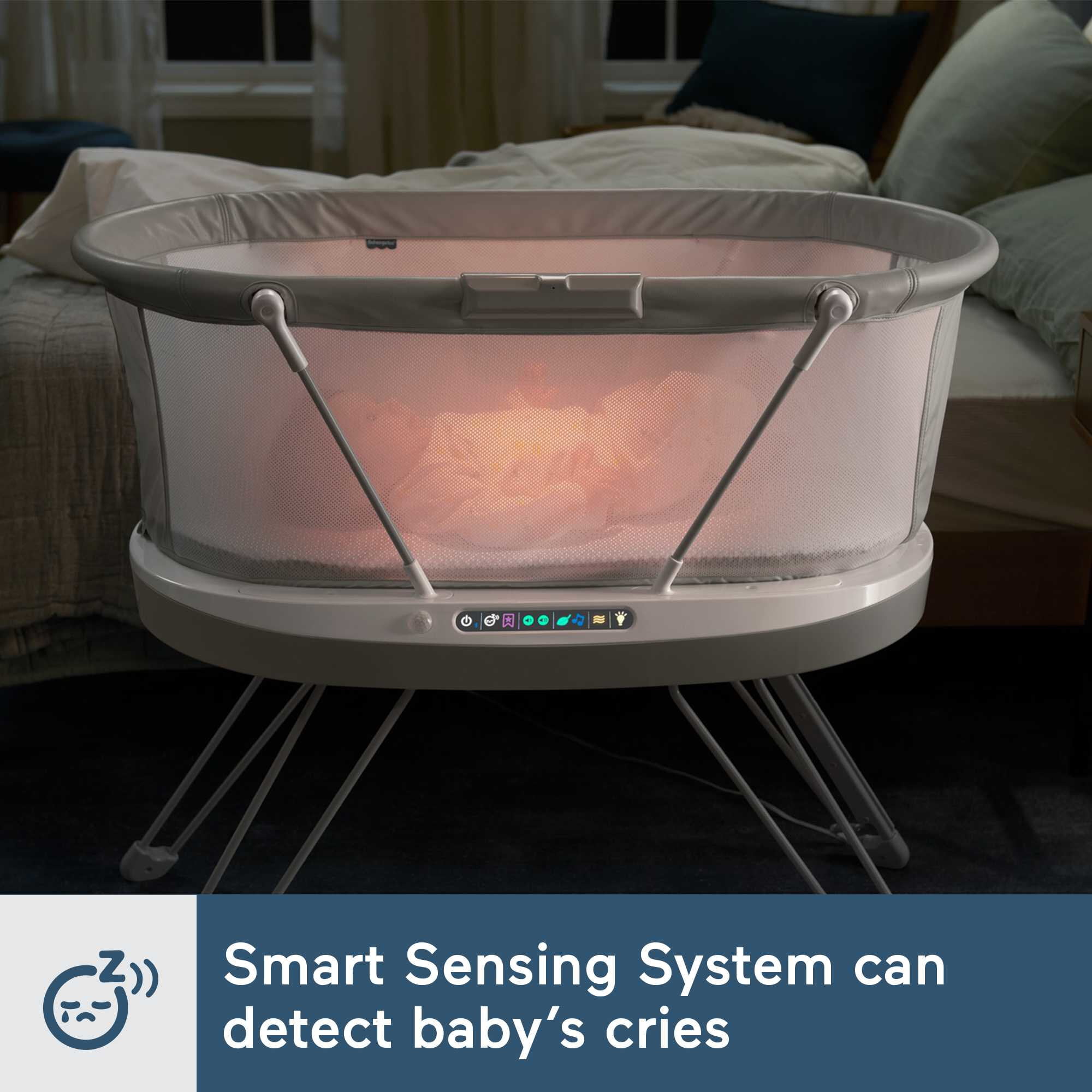 Fisher-Price Luminate Bassinet Baby Bedside Crib with Sound Detection plus Lights and Music