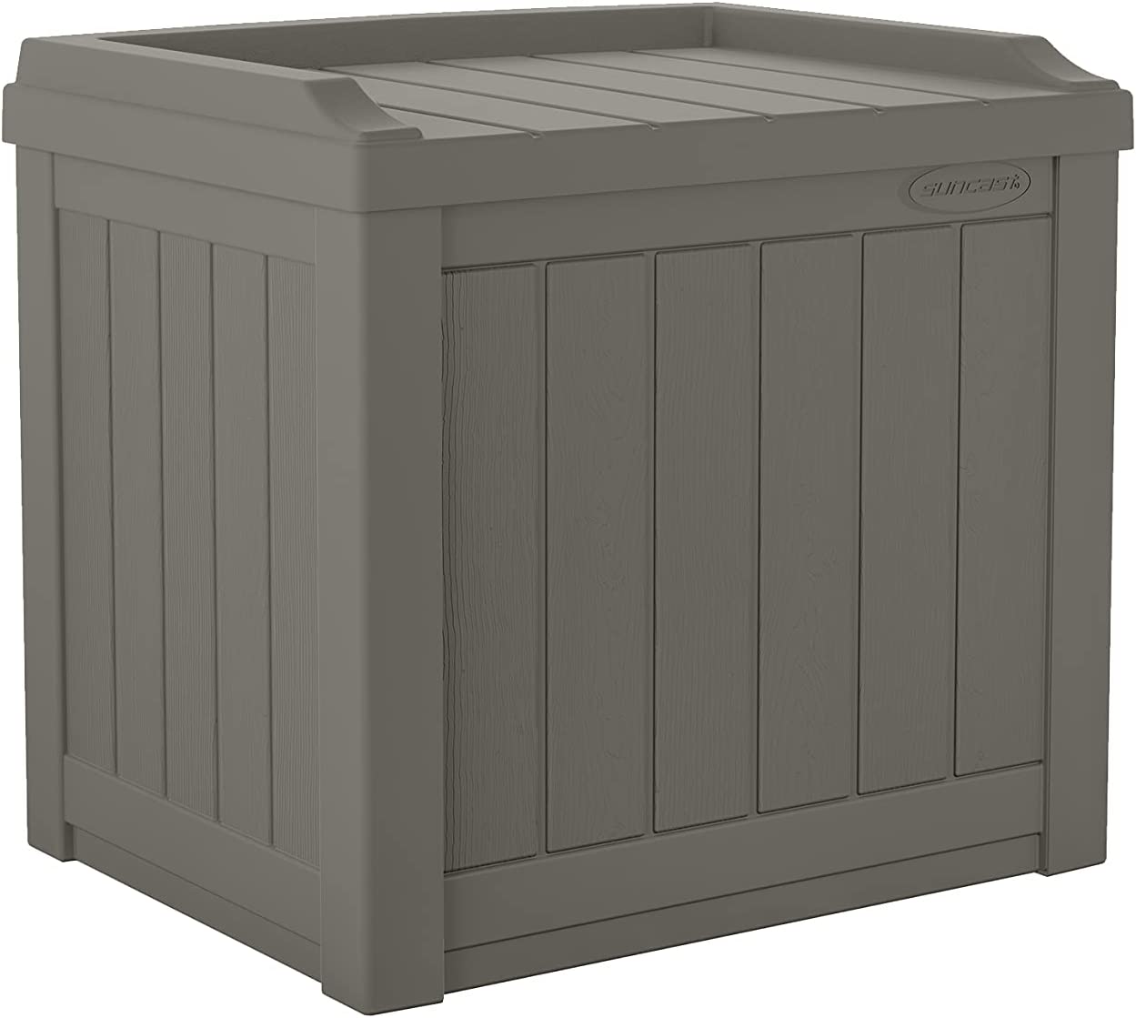 Suncast 22-Gallon Small Deck Box - Lightweight Resin Indoor/Outdoor Storage Container and Seat for Patio Cushions and Gardening Tools - Store Items on Garage. Yard - Stone Gray