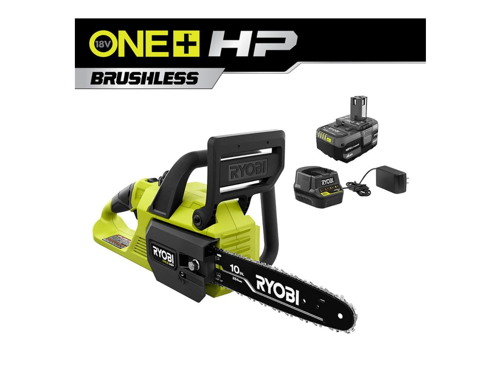 RYOBI P2520 ONE+ HP 18V Brushless 10 in. Cordless Battery Chainsaw. Battery and Charger