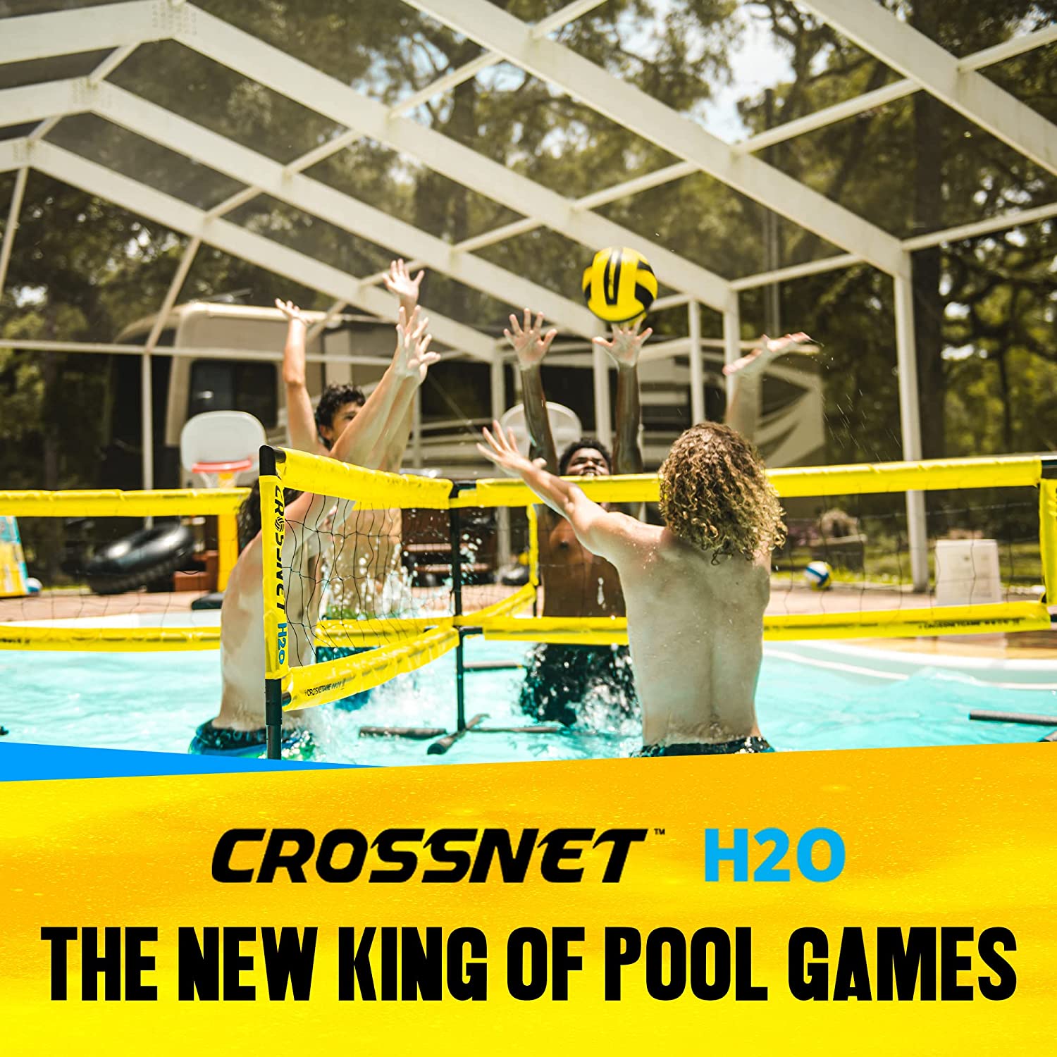 CROSSNET H2O Volleyball Pool Game for Adults and Family - Four Square Net Pool Game - Quick Assemble & Portable - Pool Volleyball Set for Inground Pools - Perfect Pool Toys for All Ages W/Accessories