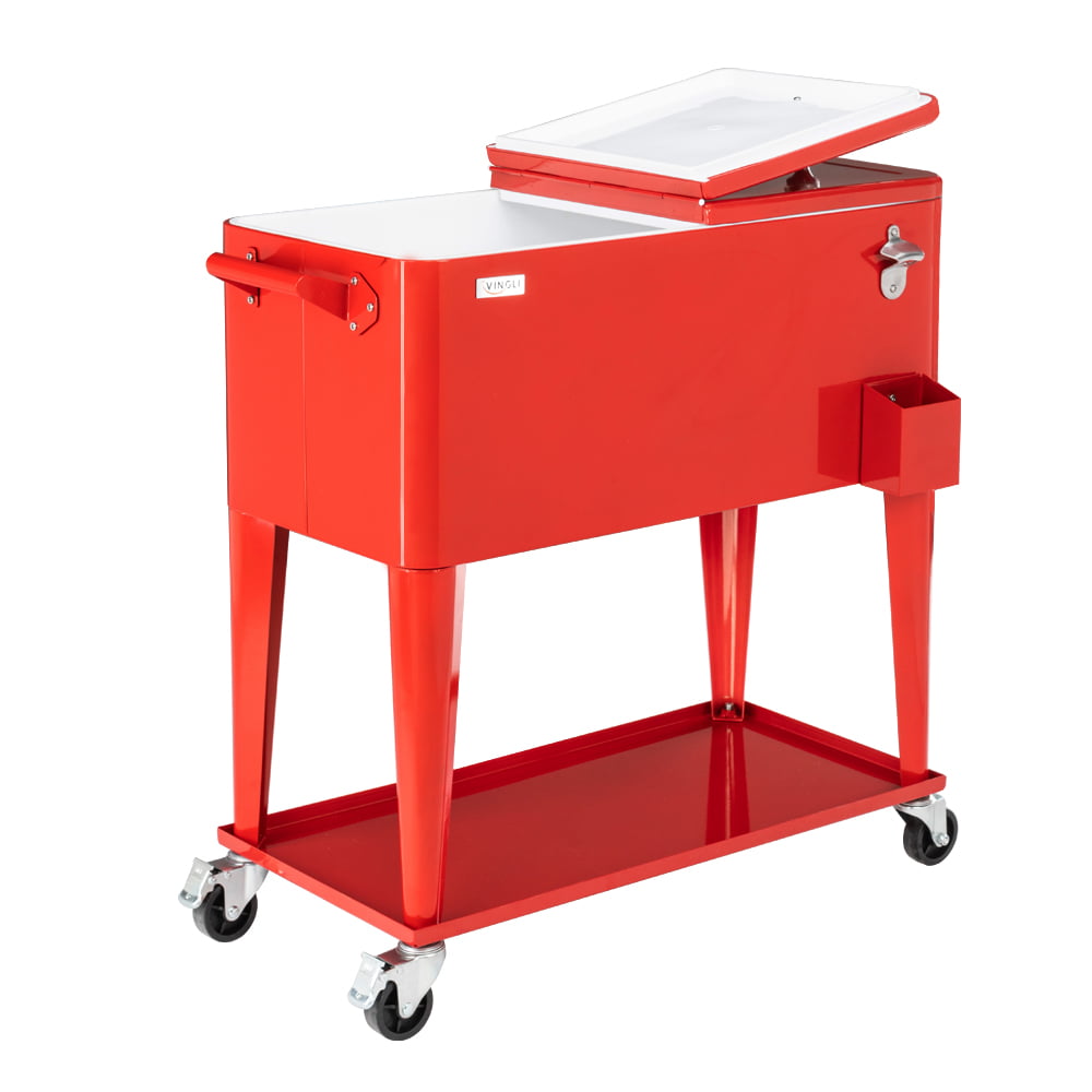 VINGLI 80 Qt Rolling Ice Chest. Patio Cooler with Wheels and Shelf(Red)