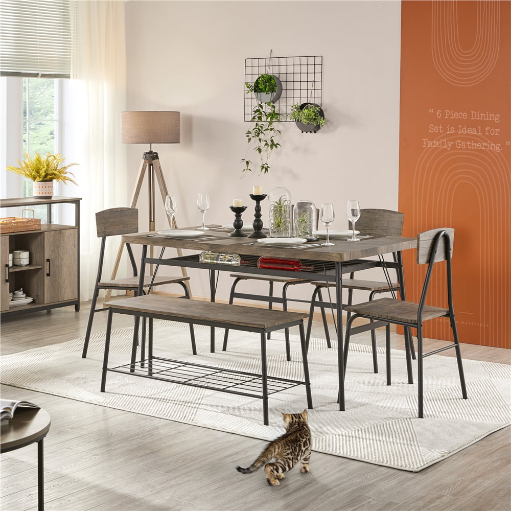 Easyfashion Dining Table Set with 4 Chairs and 1 Bench. Drift Brown