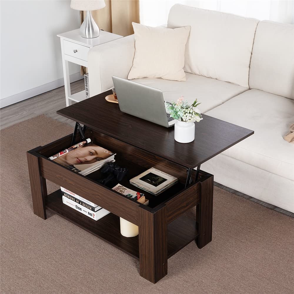 Yaheetech Lift Top Coffee Table with Hidden Compartment and Storage Shelf. Rising Tabletop Dining Table for Living Room Reception Room. 38.6in L. Espresso
