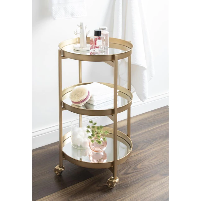 Kate and Laurel Celia Modern Glam 3-Tier Metal Bar Cart.13.75-in x 28-in. Gold. Decorative Round Serving Cart with Lockable Wheels