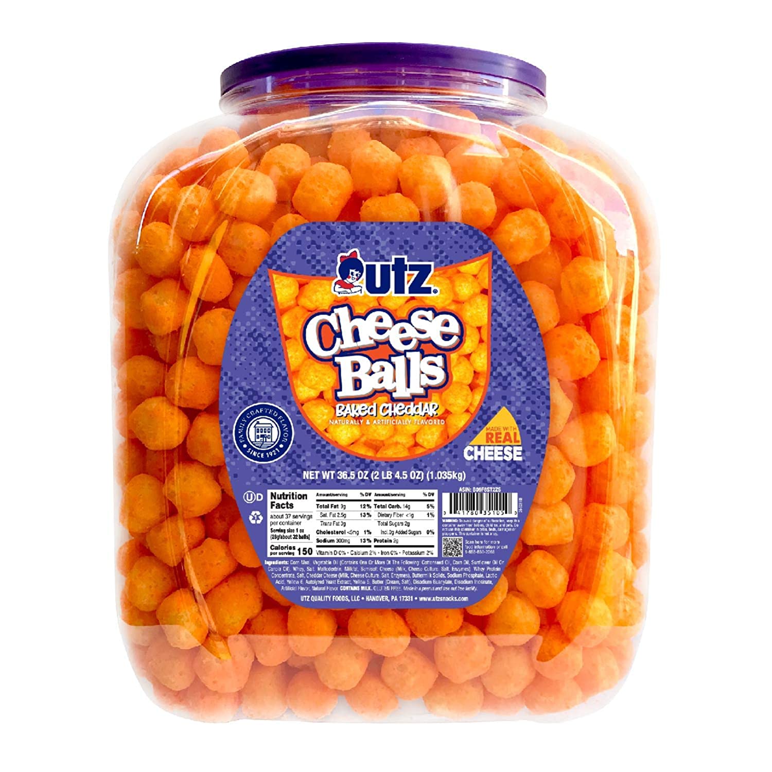 Utz Cheese Balls Barrel. Tasty Snack Baked with Real Cheddar Cheese. Delightfully Poppable Party Snack. 36.5 Oz