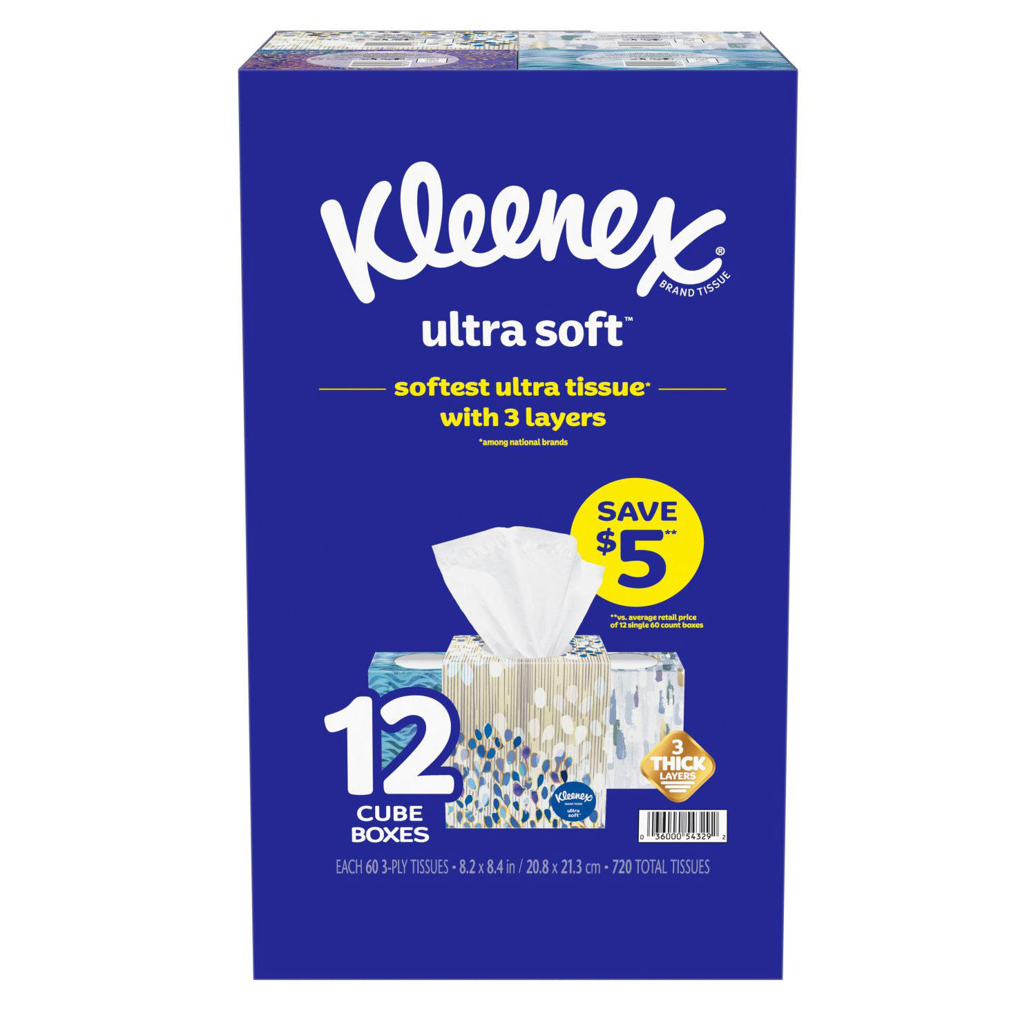 Kleenex Ultra Soft 3-Ply Facial Tissues. Cube Boxes (60 tissues/box. 12 boxes)