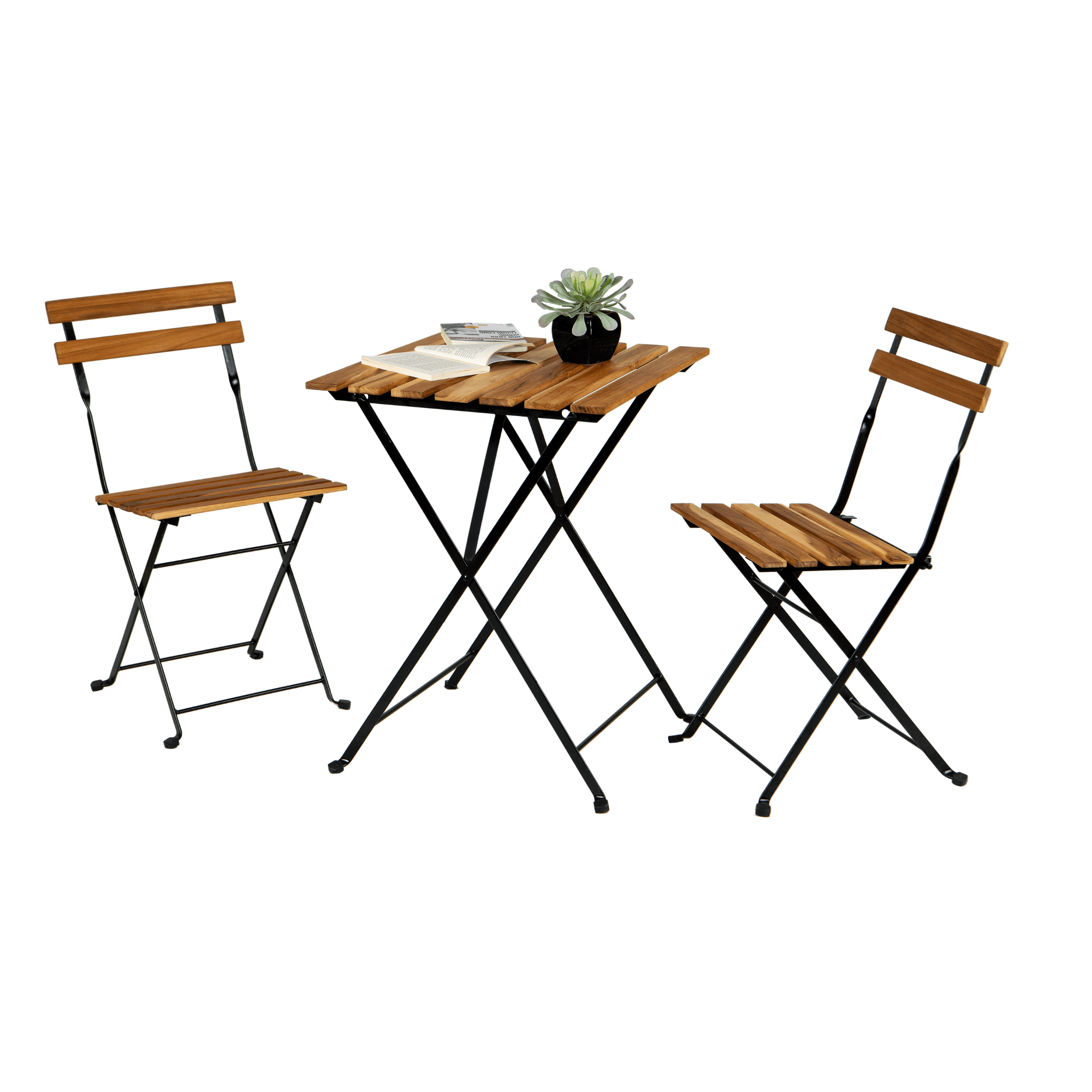 GIVIMO Bistro Set Solid Teak Wood Folding Table And Chair Set Power Coating Frame Patio Set With Waterproof Navy Cushion